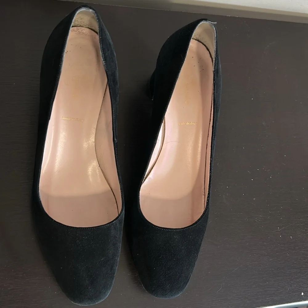 Kate Spade Dolores Too Designer Black Suede Gold Block Heel Pumps Sz 10
